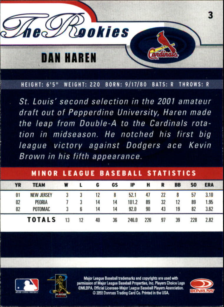 2003 Donruss Rookies #3 Dan Haren RC back image