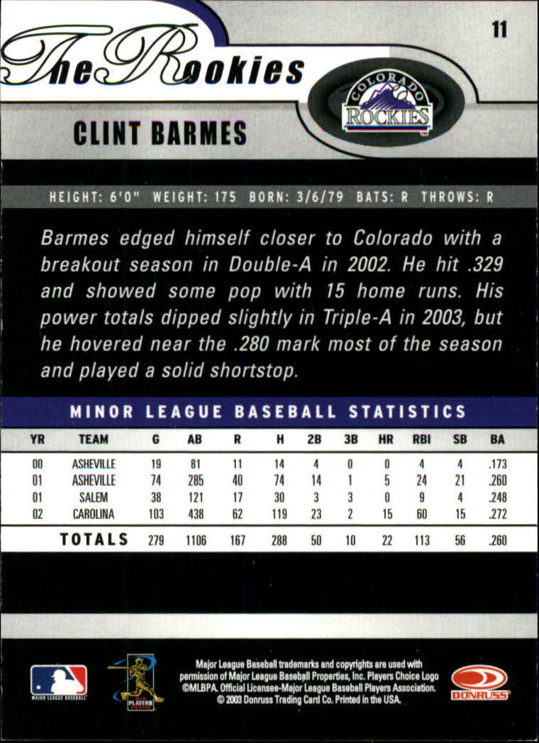 2003 Donruss Rookies #11 Clint Barmes RC back image