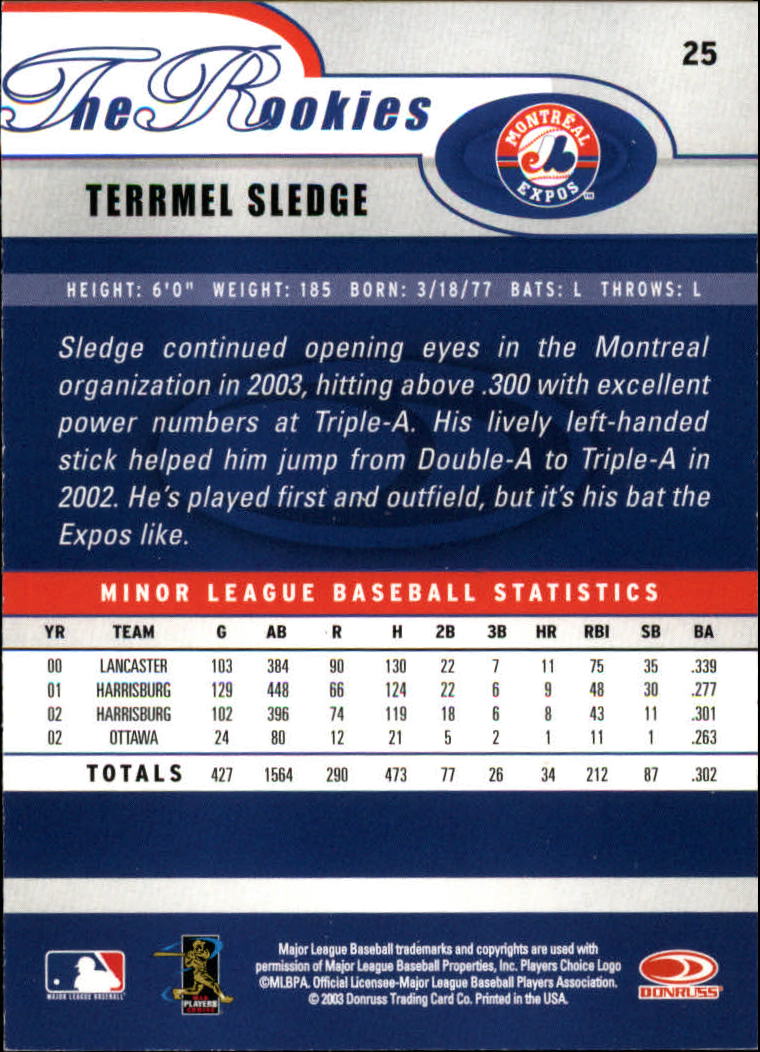 2003 Donruss Rookies #25 Terrmel Sledge  RC back image