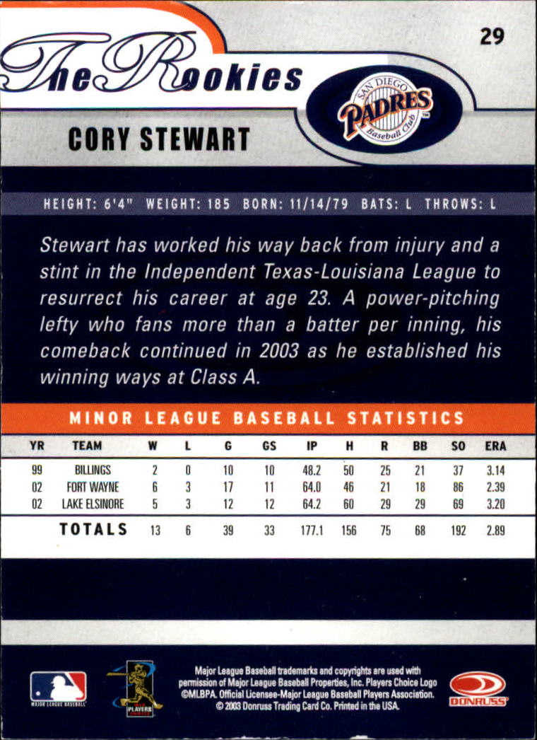 2003 Donruss Rookies #29 Cory Stewart RC back image
