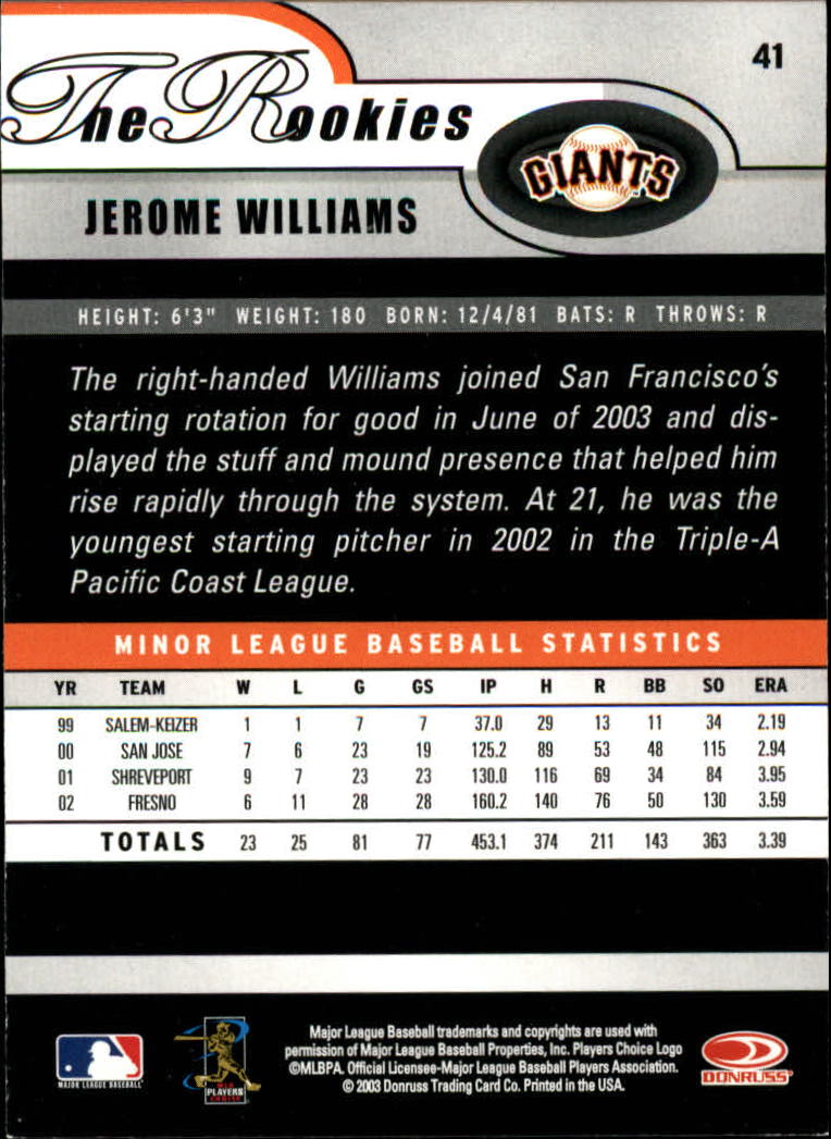 2003 Donruss Rookies #41 Jerome Williams back image