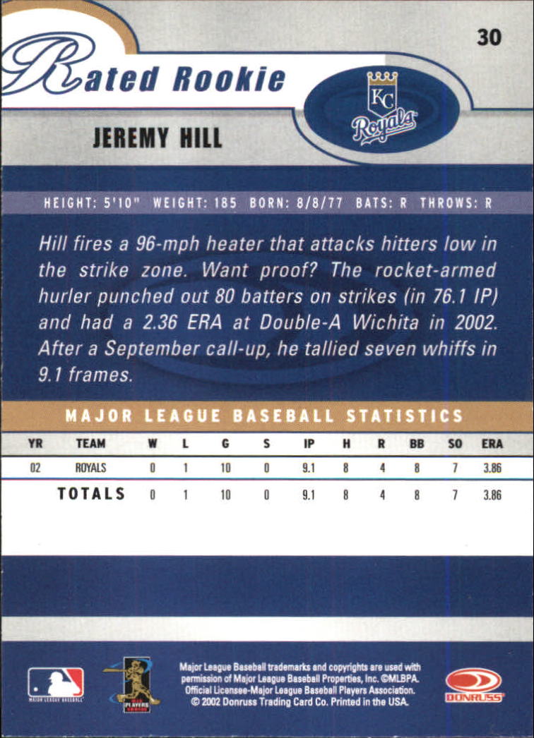 2003 Donruss #30 Jeremy Hill RR back image