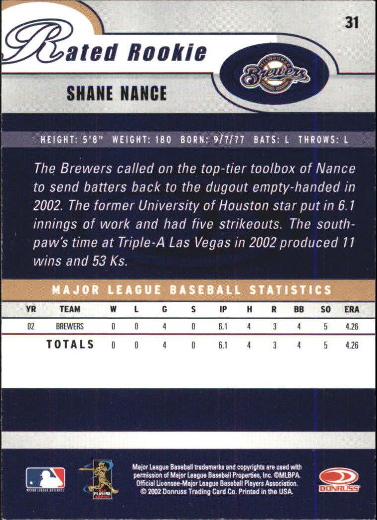 2003 Donruss #31 Shane Nance RR back image