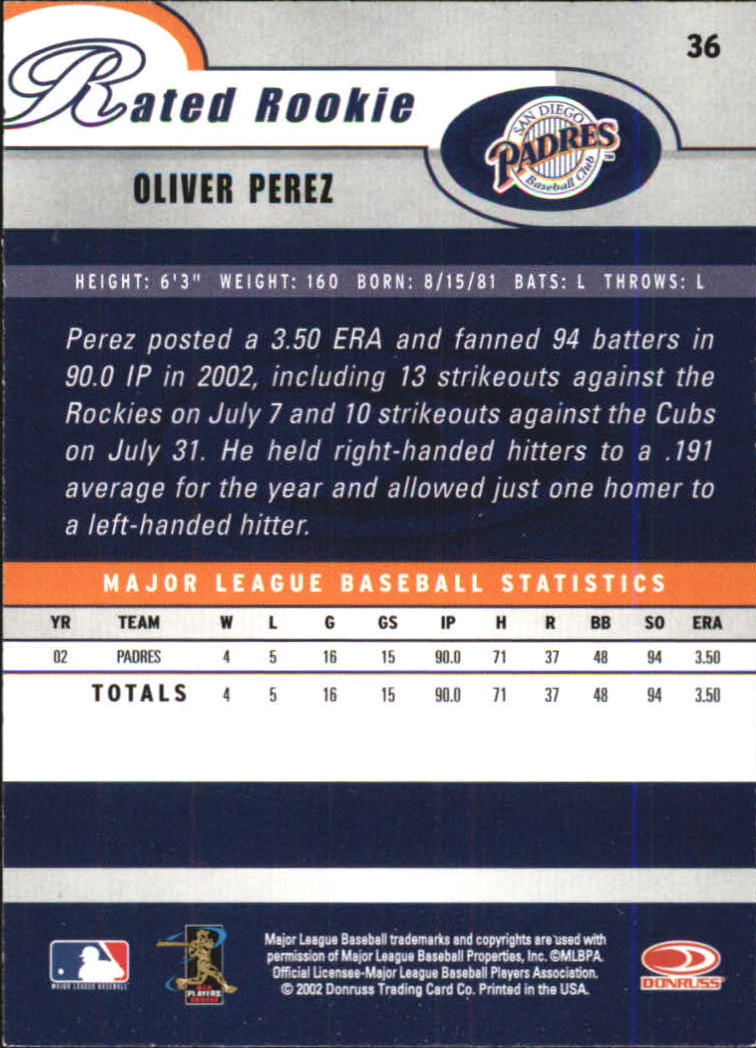 2003 Donruss #36 Oliver Perez RR back image