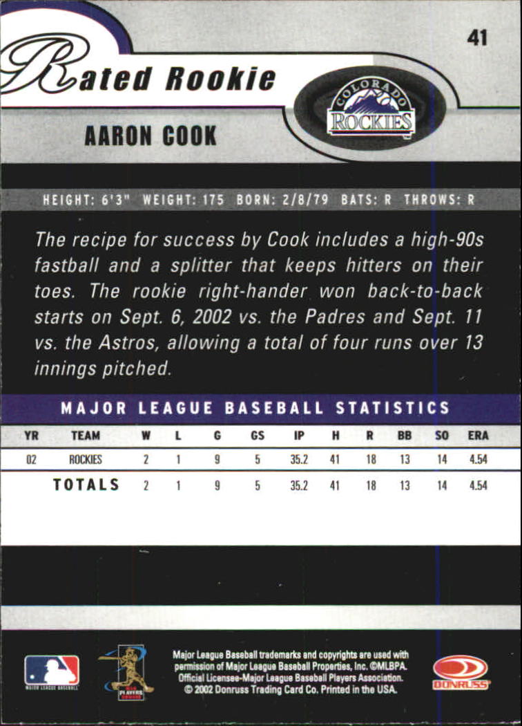 2003 Donruss #41 Aaron Cook RR back image
