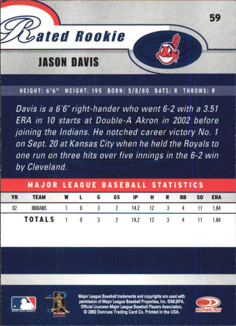 2003 Donruss #59 Jason Davis RR back image