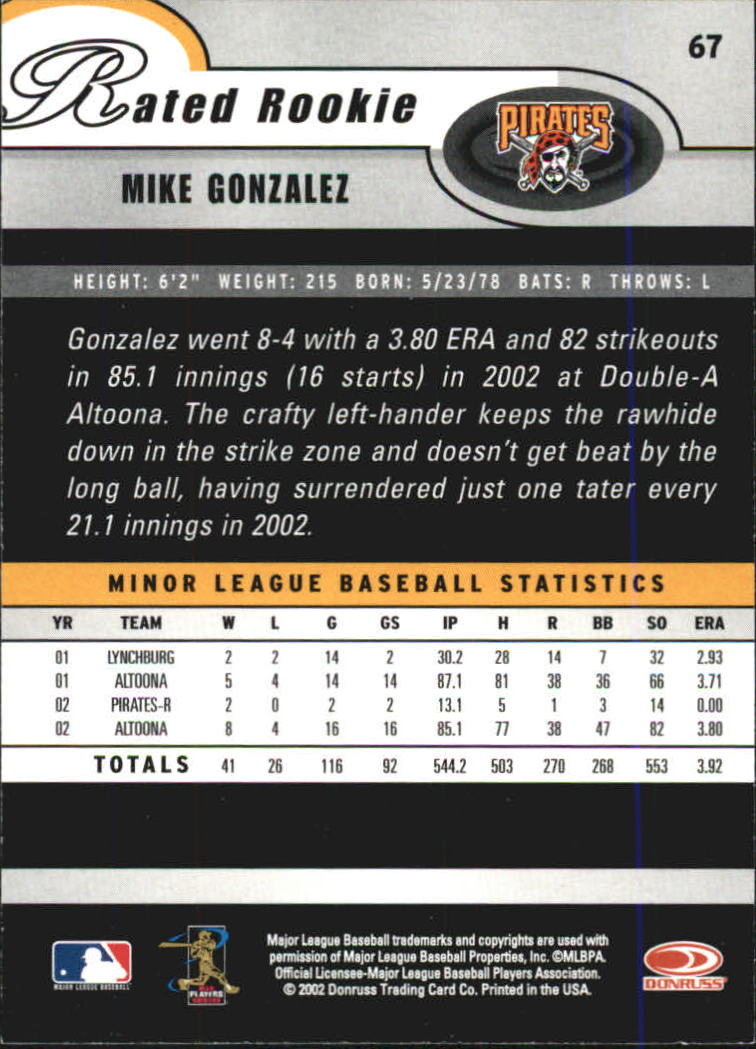 2003 Donruss #67 Mike Gonzalez RR back image