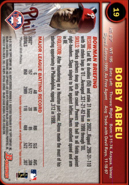 2003 Bowman #19 Bobby Abreu back image