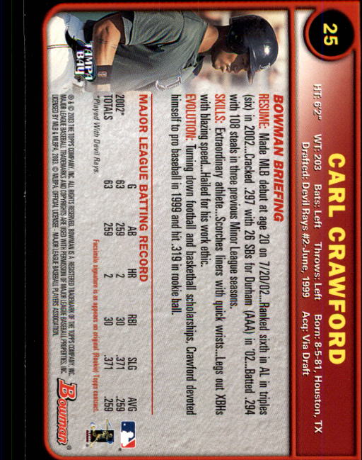 2003 Bowman #25 Carl Crawford back image