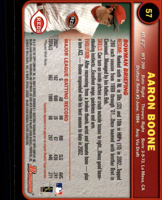 2003 Bowman #57 Aaron Boone back image