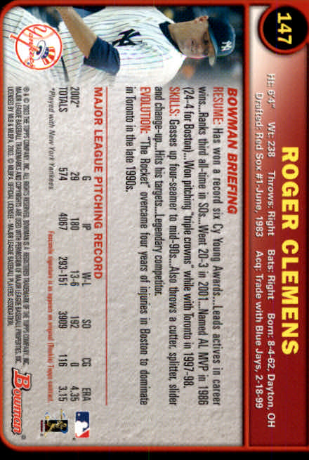 2003 Bowman #147 Roger Clemens back image