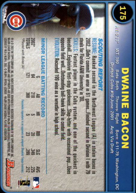 2003 Bowman #175 Dwaine Bacon RC back image