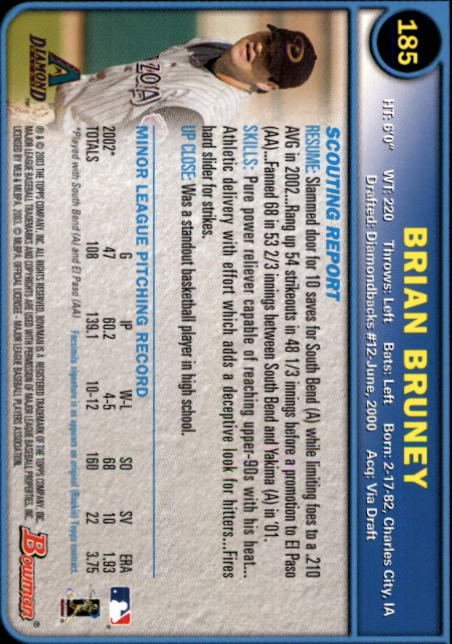 2003 Bowman #185 Brian Bruney RC back image