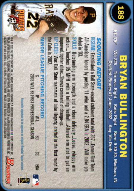 2003 Bowman #188 Bryan Bullington RC back image