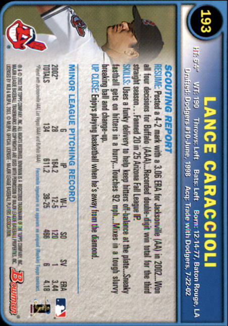 2003 Bowman #193 Lance Caraccioli RC back image