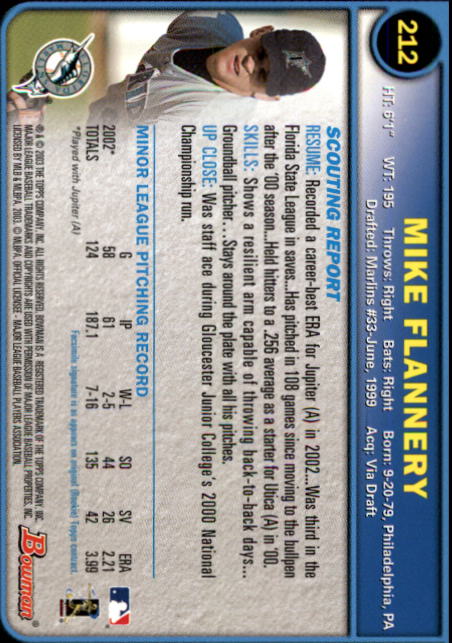 2003 Bowman #212 Mike Flannery RC back image