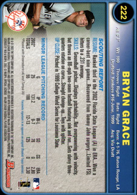 2003 Bowman #222 Bryan Grace RC back image