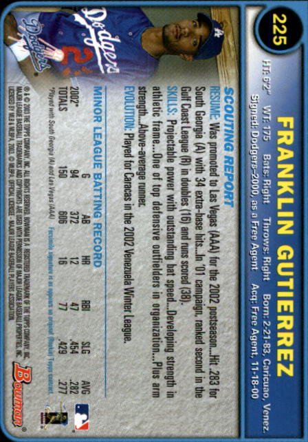 2003 Bowman #225 Franklin Gutierrez RC back image