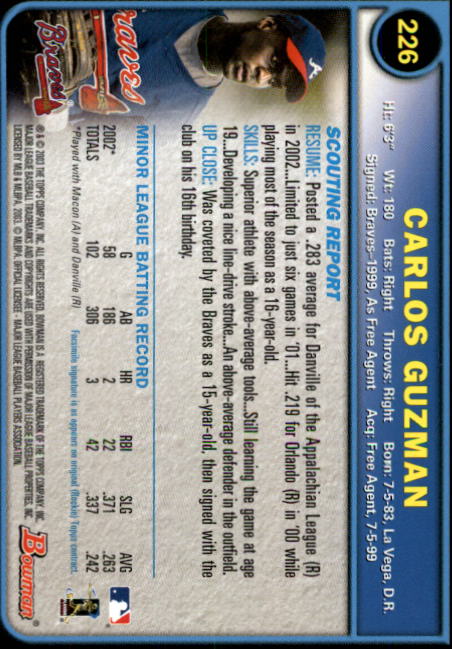 2003 Bowman #226 Carlos Guzman RC back image