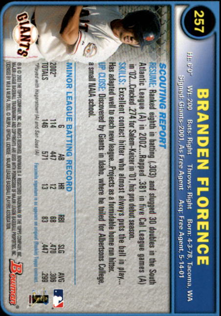 2003 Bowman #257 Branden Florence RC back image