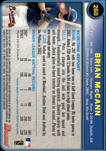 2003 Bowman #260 Brian McCann RC back image