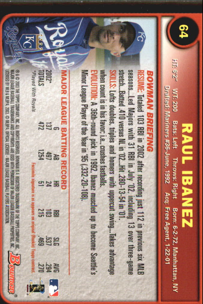 2003 Bowman Gold #64 Raul Ibanez back image