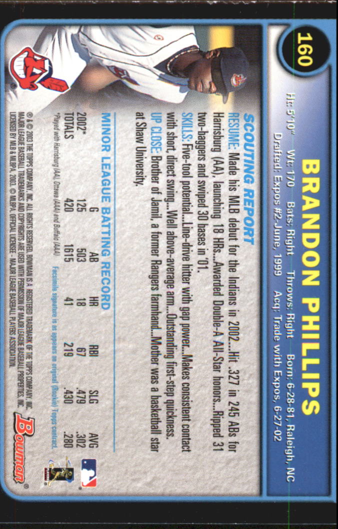 2003 Bowman Gold #160 Brandon Phillips back image