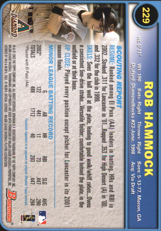 2003 Bowman Gold #229 Rob Hammock back image