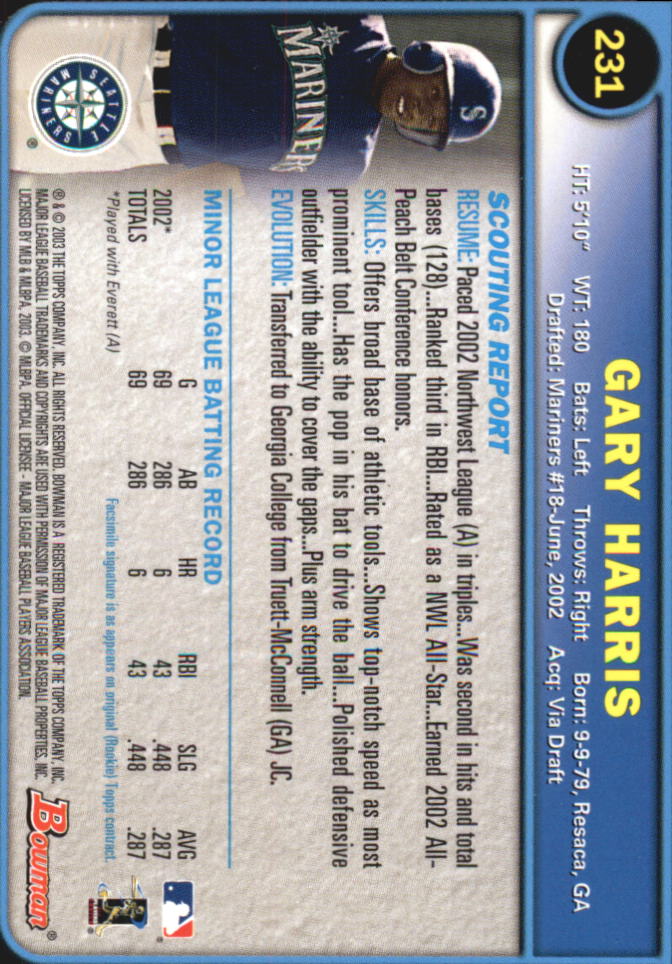 2003 Bowman Gold #231 Gary Harris back image