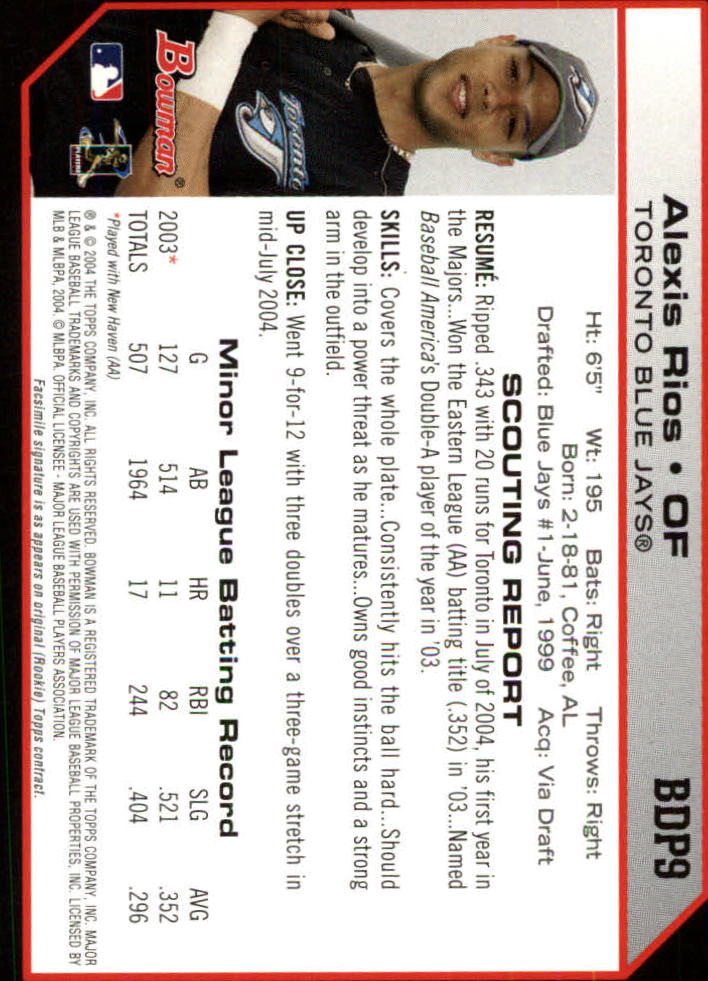 2004 Bowman Draft #9 Alexis Rios back image