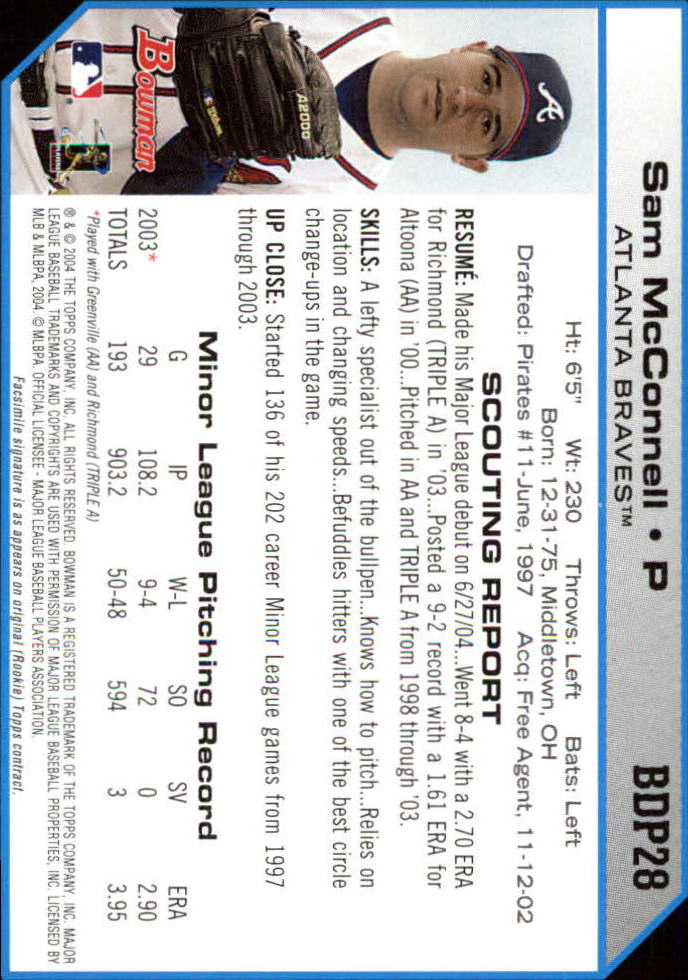 2004 Bowman Draft #28 Sam McConnell RC back image