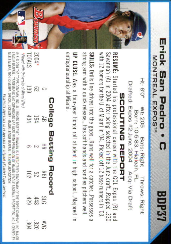 2004 Bowman Draft #37 Erick San Pedro RC back image
