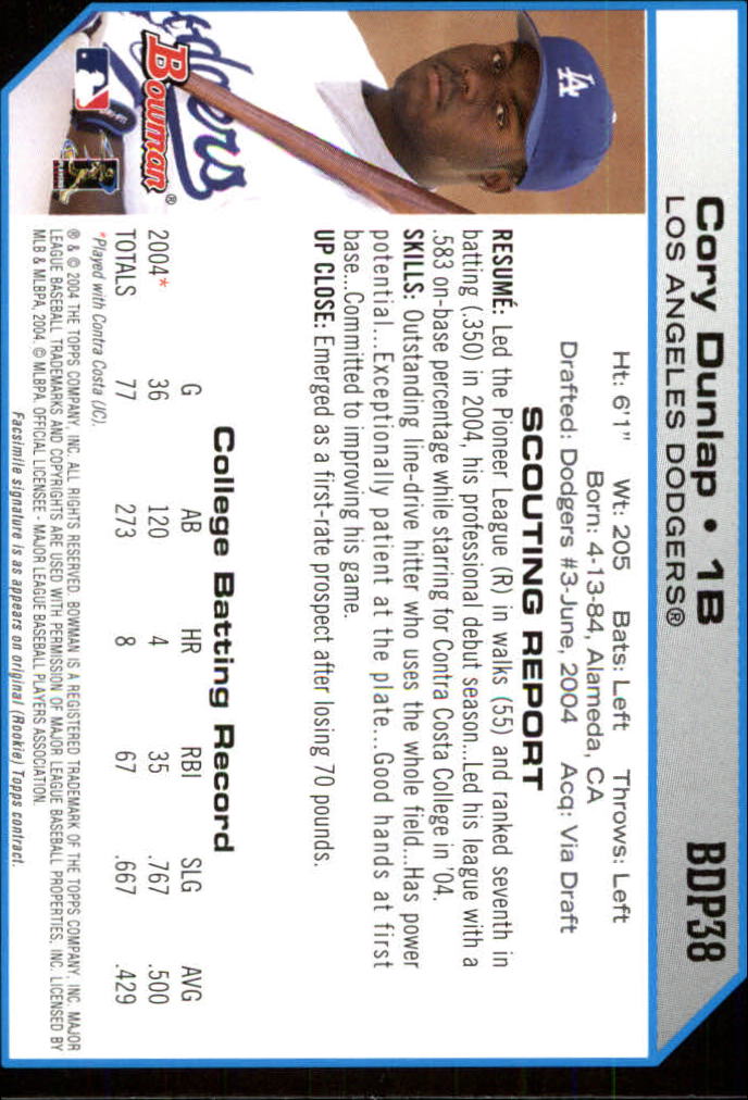 2004 Bowman Draft #38 Cory Dunlap RC back image