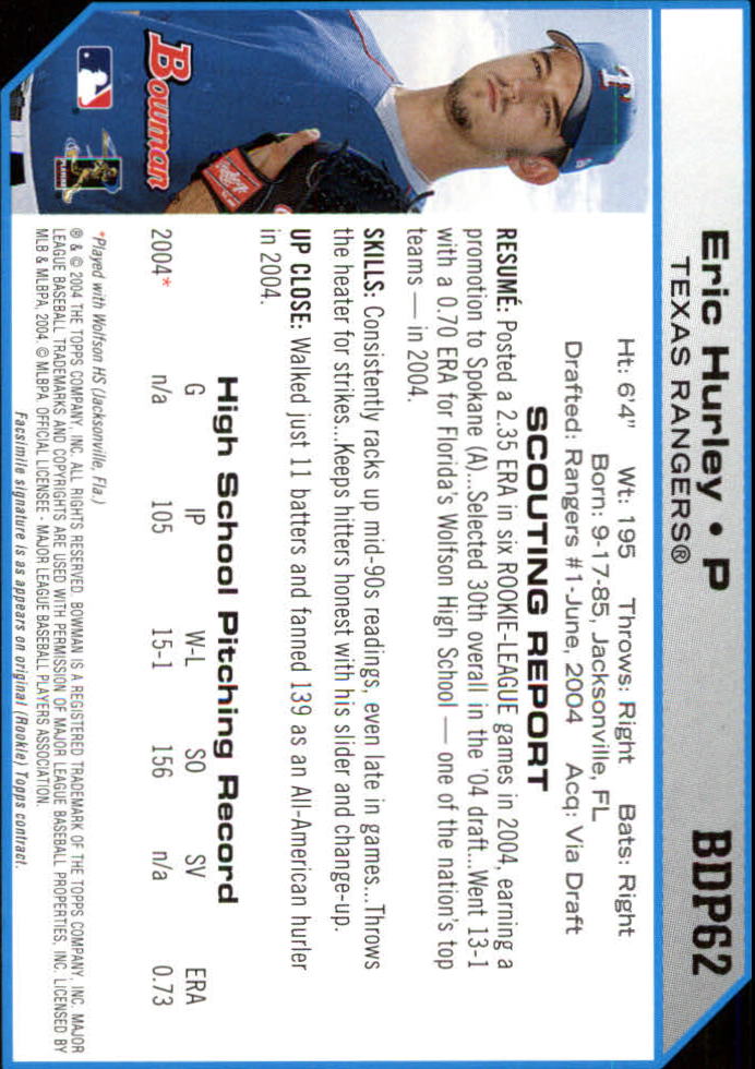 2004 Bowman Draft #62 Eric Hurley RC back image
