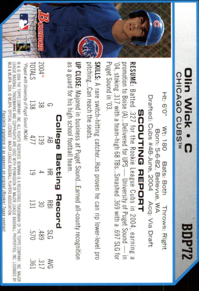 2004 Bowman Draft #72 Olin Wick RC back image