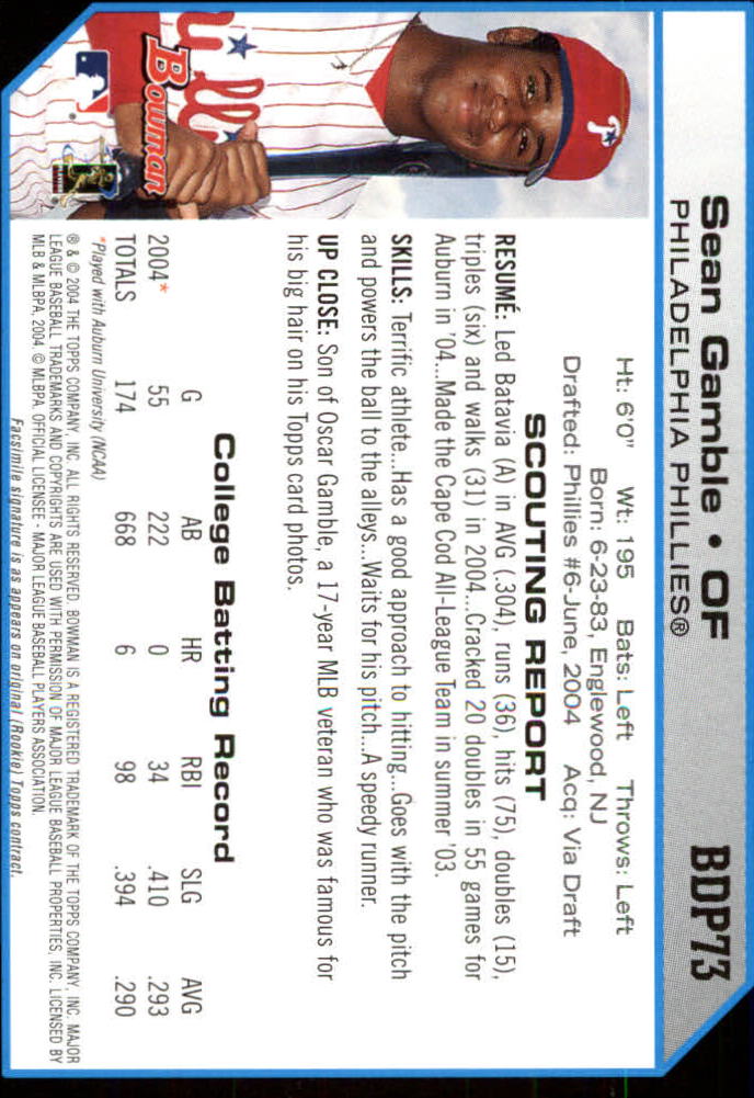 2004 Bowman Draft #73 Sean Gamble RC back image
