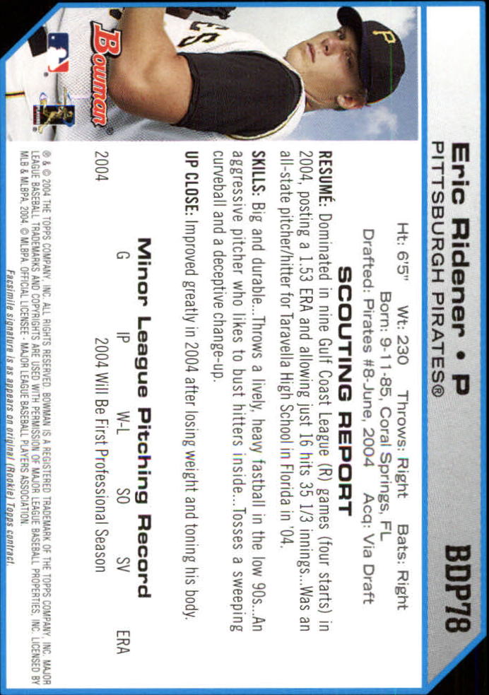 2004 Bowman Draft #78 Eric Ridener RC back image