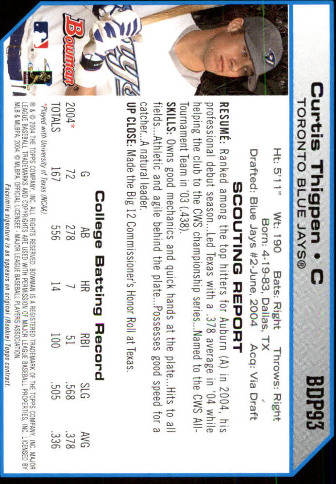 2004 Bowman Draft #93 Curtis Thigpen RC back image