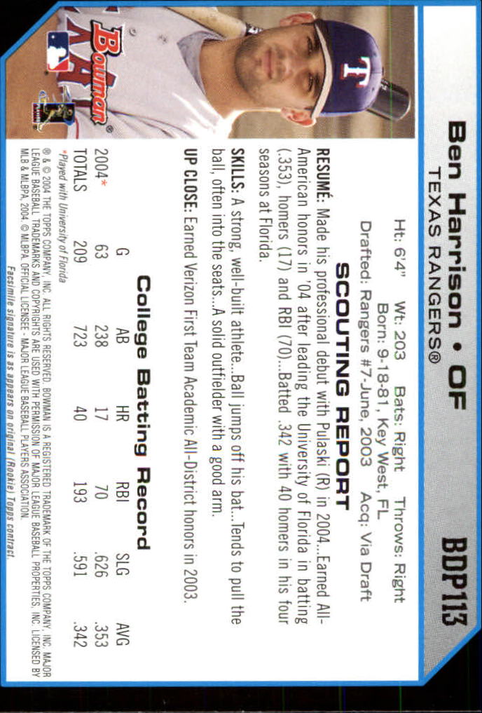 2004 Bowman Draft #113 Ben Harrison RC back image