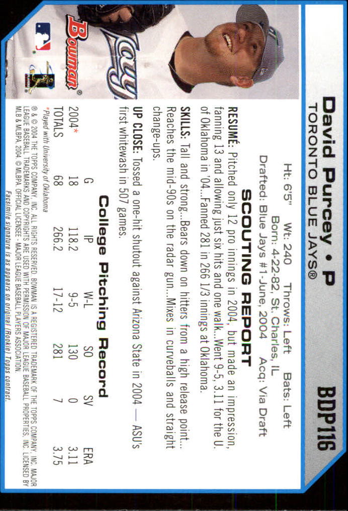 2004 Bowman Draft #116 David Purcey RC back image