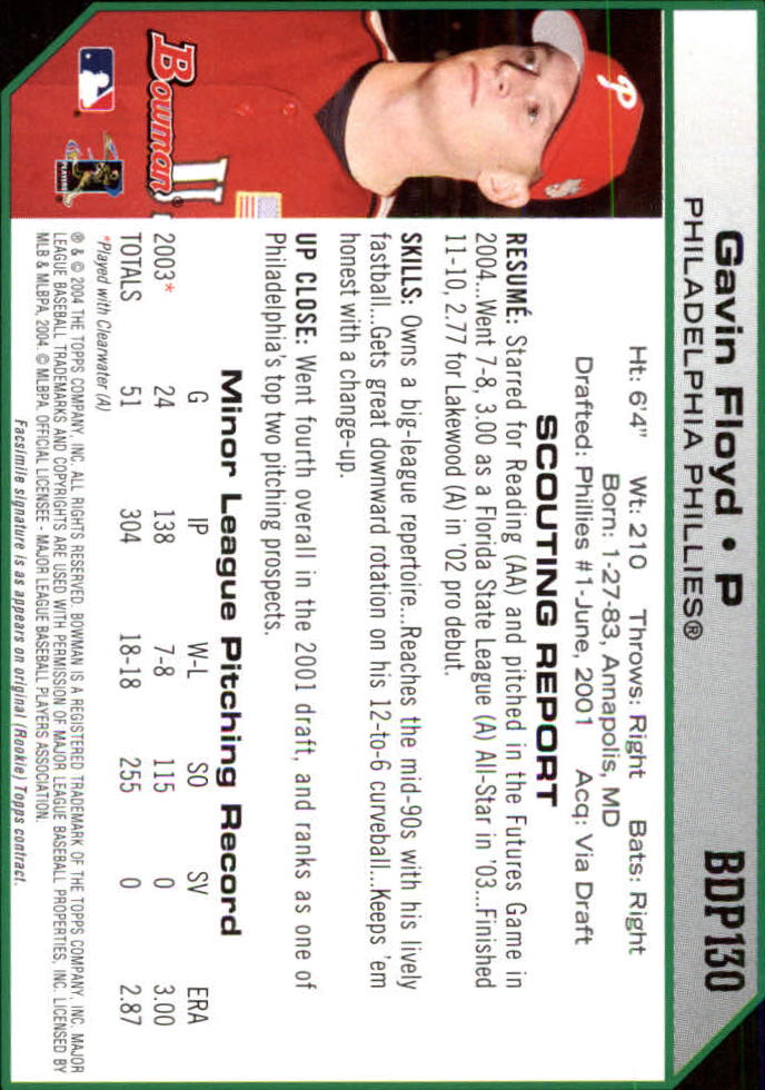 2004 Bowman Draft #130 Gavin Floyd back image
