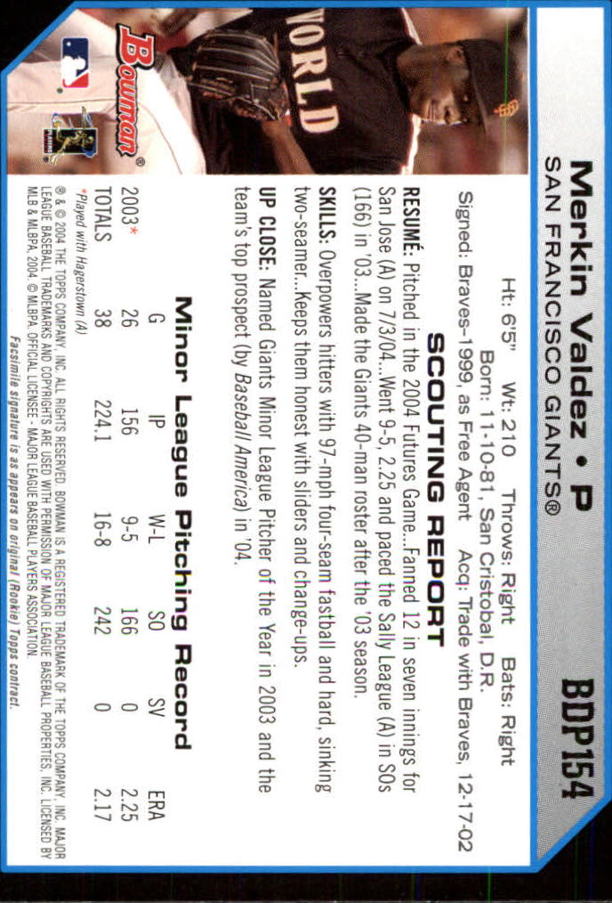 2004 Bowman Draft #154 Merkin Valdez back image