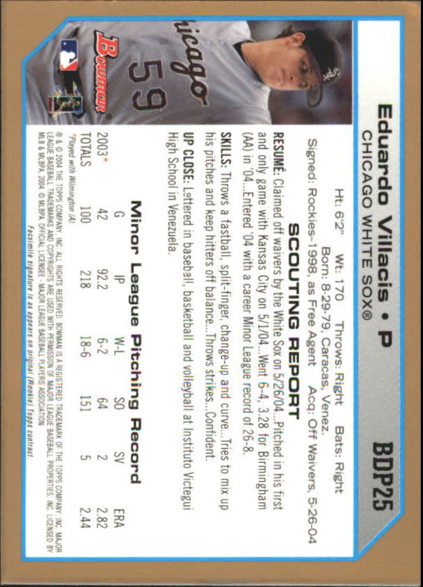 2004 Bowman Draft Gold #25 Eduardo Villacis back image