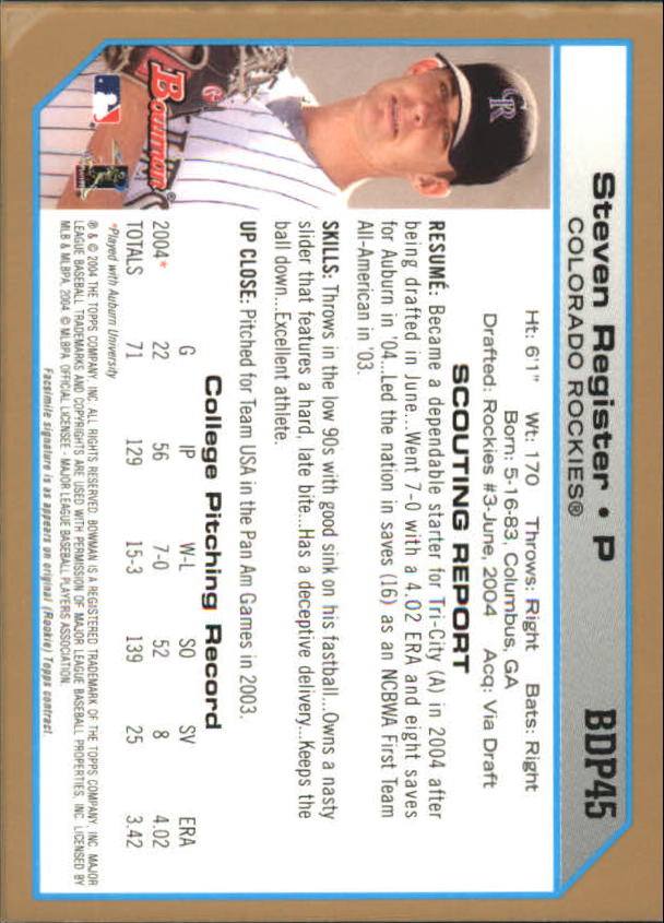 2004 Bowman Draft Gold #45 Steven Register back image