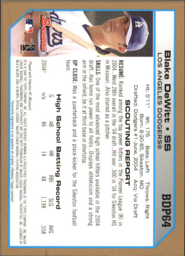 2004 Bowman Draft Gold #64 Blake DeWitt back image