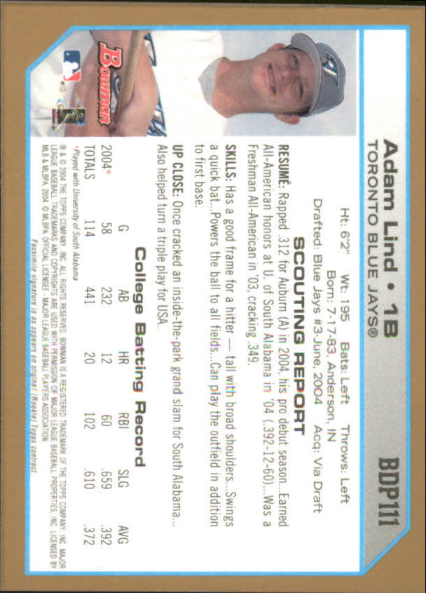 2004 Bowman Draft Gold #111 Adam Lind back image