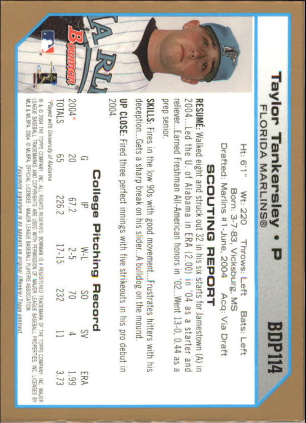2004 Bowman Draft Gold #114 Taylor Tankersley back image