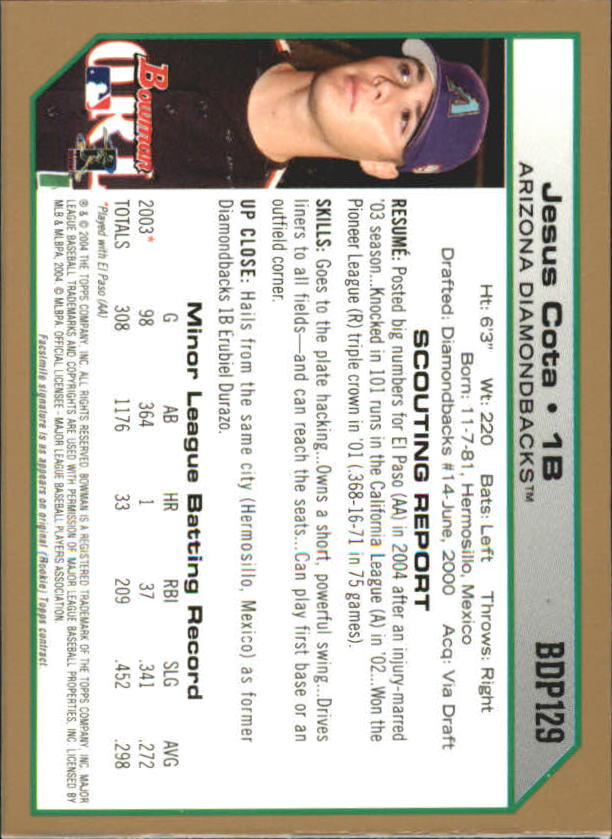 2004 Bowman Draft Gold #129 Jesus Cota back image