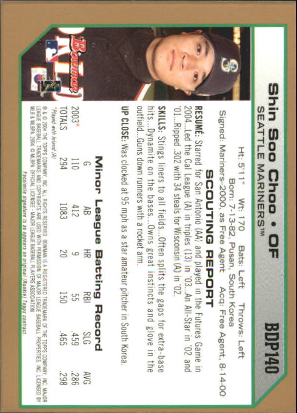 2004 Bowman Draft Gold #140 Shin Soo Choo back image