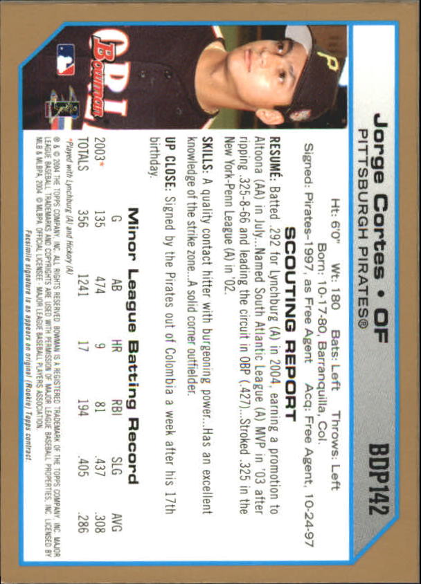 2004 Bowman Draft Gold #142 Jorge Cortes back image